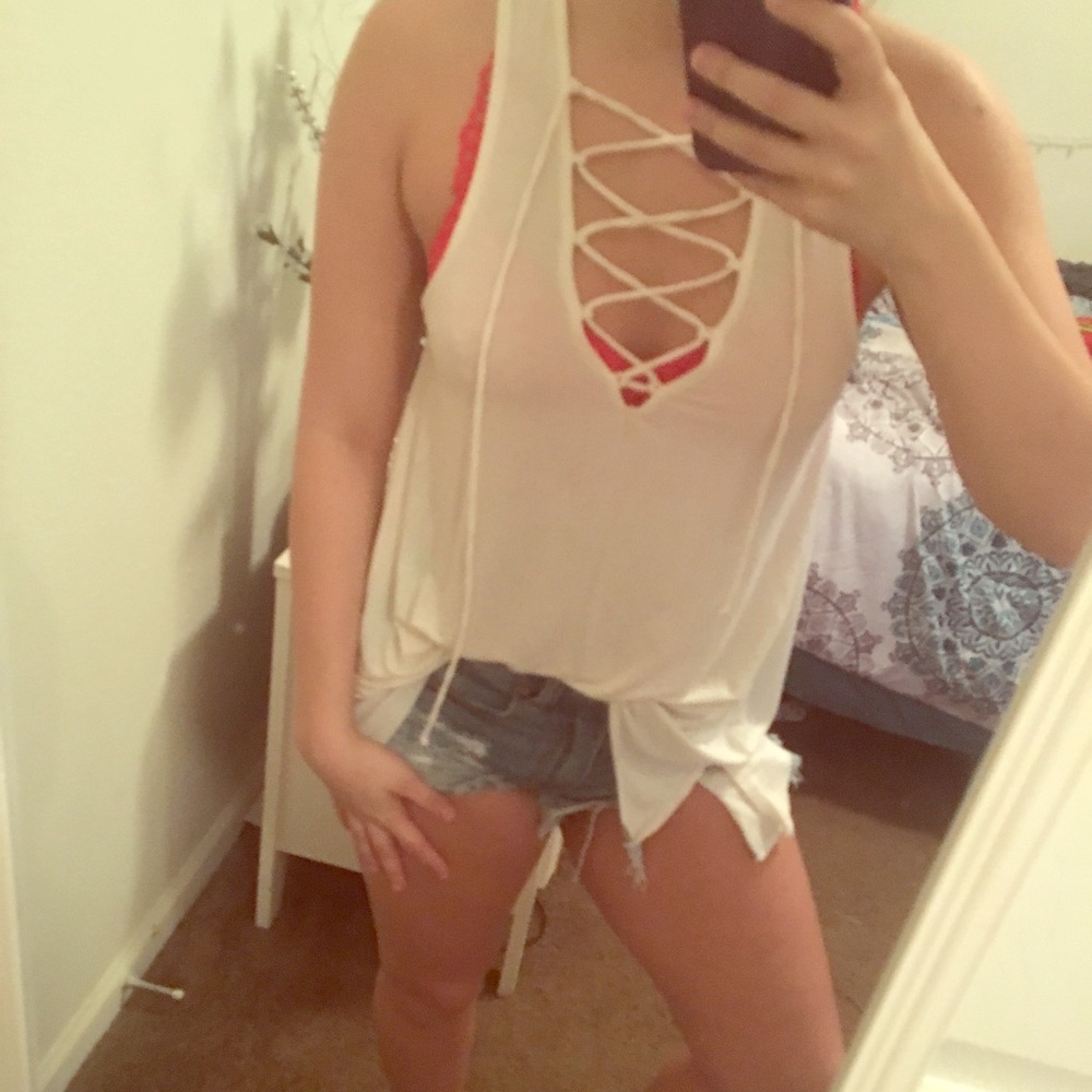 A lace up cream tank top